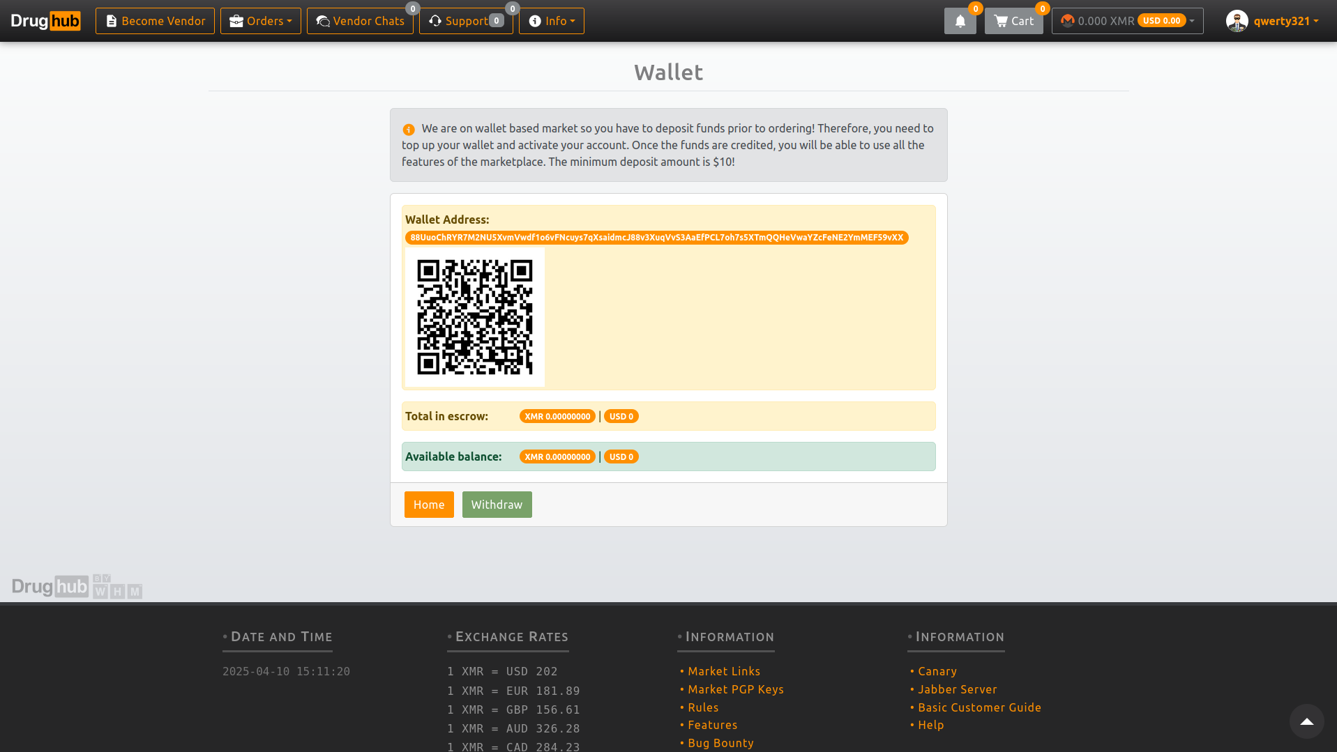 DrugHub secure Monero wallet interface showing balance and transaction history